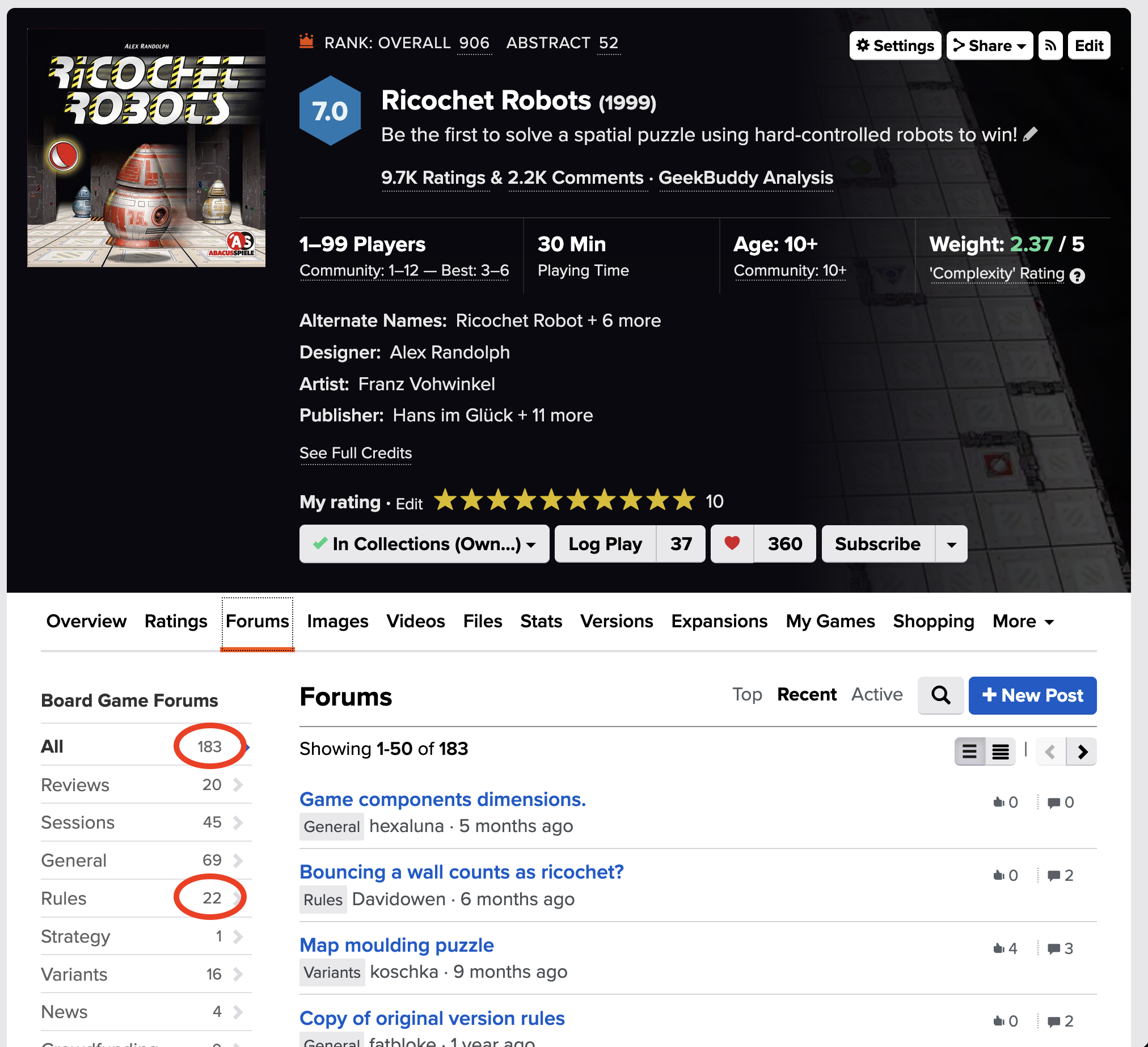 Screenshot of Ricochet Robots forums, highlighting the total thread count (183) and the number of rules questions (22).